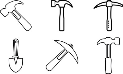 Hammer and construction Tool line icon set.