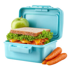 Healthy blue lunchbox filled with sandwich apple carrots and lettuce isolated [Transparent Background PNG].