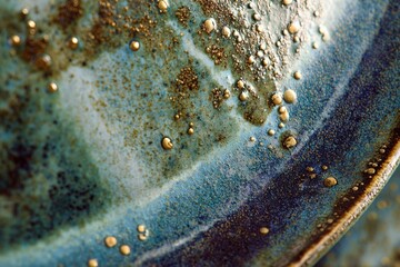 Macro close-up of a spotless ceramic plate with rich blue glaze and golden bubbly texture in dramatic lighting