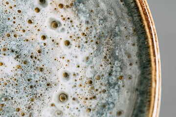Macro close-up of spotless ceramic plate with unique bubbly glaze texture and earthy tones in natural light