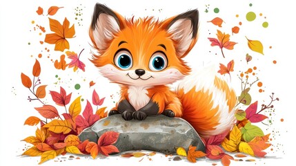 Cute cartoon fox autumn leaves