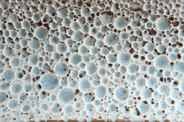 Abstract close up of blue ceramic glaze texture with organic bubble patterns and artistic surface details