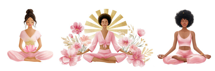 Set of young woman doing yoga, sun ray and flowers, balance concept