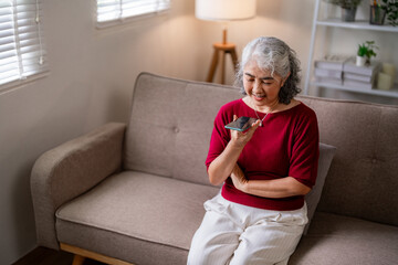 Asian senior woman communicates with voice assistant smartphone home living room comfortable digital technology modern connection older adult female happiness