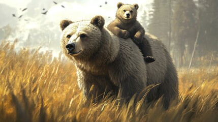 Fototapeta premium Bear mother and cub in field