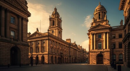 Obraz premium Historic Classical Building with Tower and Dome Bathed in Warm Sunset Light