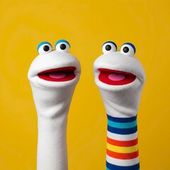 Fototapeta premium A duo of white sock puppets with expressive googly eyes and striped mouths, posing together against a bright yellow background.