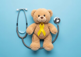 Teddy bear with yellow ribbon beside stethoscope on blue background, banner poster template for childhood cancer awareness pediatric care health support and medical charity campaign with copyspa