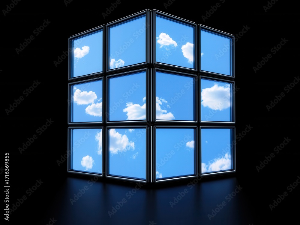 Poster innovative cube displaying sky and clouds with reflection effect