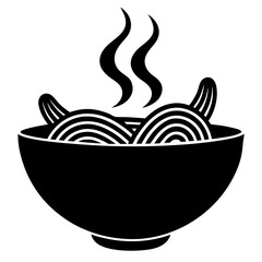 Black and white illustration of steaming noodles in a bowl