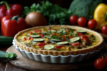 Vegetable tart in white fluted dish surrounded by veggies on wooden board