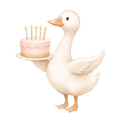 Cute duck holding birthday cake with candles, festive celebration