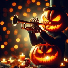 Vibrant jack-o'-lantern playing trumpet on festive background with glowing lights, candles, pumpkins. Ideal for Halloween prints, tees, souvenirs, showcasing spooky autumn vibes