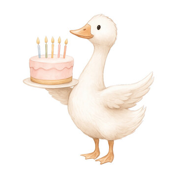 Cute duck holding birthday cake with candles, festive celebration