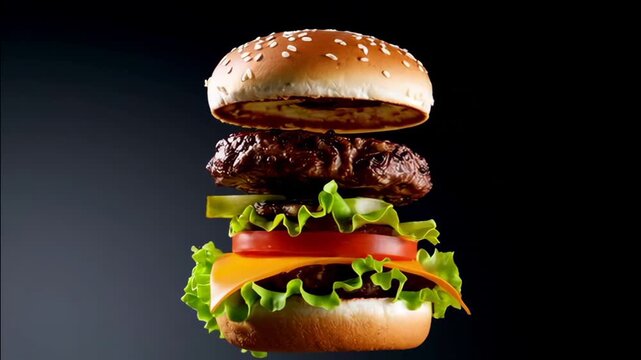 Exploded view of a hamburger with sesame bun beef patty cheese tomato lettuce and pickles on black