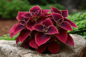 Vibrant Coleus plant displays maroon leaves with chartreuse edges on a textured stone set against a soft green backdrop