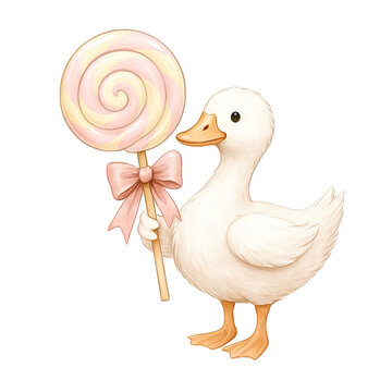 Cute duck holding large pastel lollipop with pink bow
