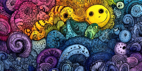 A vibrant, colorful, and detailed design features whimsical, intricately drawn creatures and patterns in a rainbow spectrum of hues.