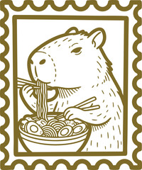 Capybara Eating Ramen Noodles Illustration – Cute Animal Food Art in Stamp Style with Chopsticks and Noodle Bowl