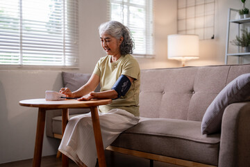 Older Asian Woman Monitors Blood Pressure Home Device Managing Health Wellness In Cozy Living Room...