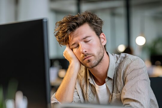 Young caucasian man asleep at desk. Tired male worker resting from long hours. Overwork and burnout concept in the office or home setting for work-life balance issue.