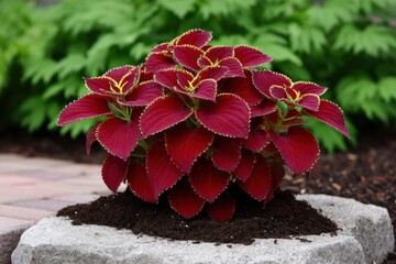 Vivid red coleus plant with golden edges set in soil atop a gray stone against a leafy green backdrop