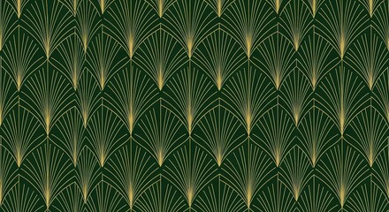 Art deco seamless pattern, geometric fans and repeating arches, emerald green and shimmering gold, intricate line work, gatsby style, luxury wallpaper design, vector style
