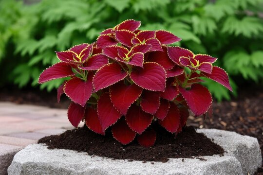 Vivid red coleus plant with golden edges set in soil atop a gray stone against a leafy green backdrop