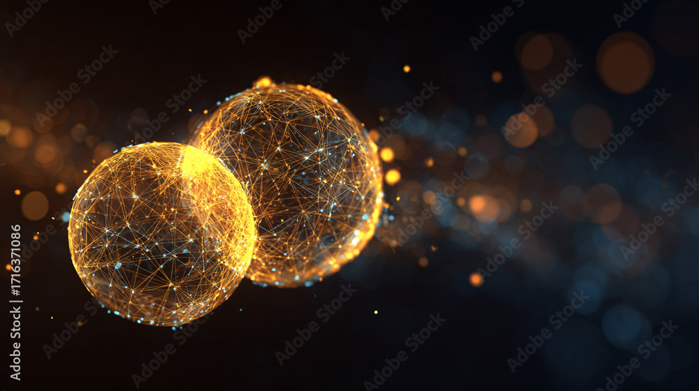 Poster two glowing spheres connected by lines of light on a dark background with bokeh effects