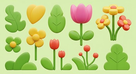 A collection of cute 3d cartoon flowers and leaves in various shapes and colors on a light green background