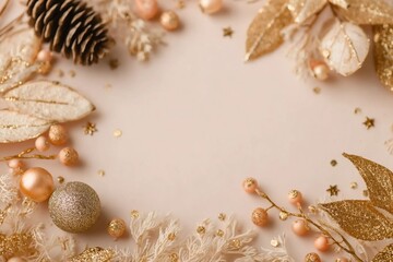 Obraz premium christmas or new year frame composition. christmas decorations in gold colors on pastel beige background with empty copy space for greeting. 