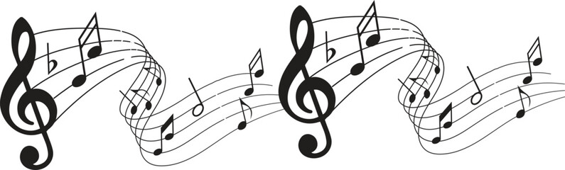 Wave of flowing music notes with treble clef, seamless melody design for musical backgrounds, banners, or creative projects. Perfect for illustrating harmony
