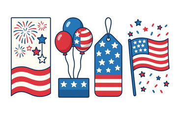 Set of 4th of July graphics for American Independence Day. USA patriotic holiday vector collection with flag, fireworks, balloons, banner and tag for celebration design.