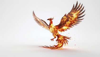 Obraz premium A phoenix made of fire and light, flapping its wings as embers scatter, pure white background, ultra detailed