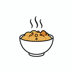 A simple cartoon icon of a steaming hot bowl of noodles, representing Asian cuisine and a delicious meal.