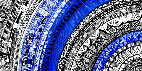 Intricate black and white mandala design with vibrant blue accents, showcasing a radial pattern of detailed, interwoven lines and shapes.