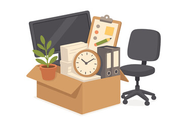 Moving to a new office concept. Cardboard box with office supplies. Relocation, career change, new job, fired, last day at work. Workplace packed personal belongings vector.