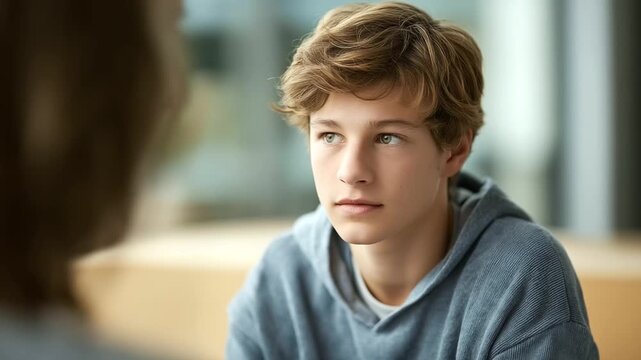 teenager with chronic condition talking to case manager in social services room support within complex healthcare network three quarter wide angle cinematic color correction gent