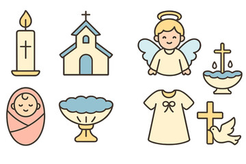 Christening ceremony icon set. Baptism symbols for religious rituals. Vector flat line illustration. Holy water, church, angel, dove, cross, baby. Newborn celebration graphics.
