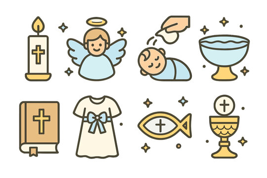 Christening ceremony icon set. Baptism day religious symbols. Baby shower and catholic church sacrament vector illustration. Flat linear design for invitation or greeting card. - Powered by Adobe