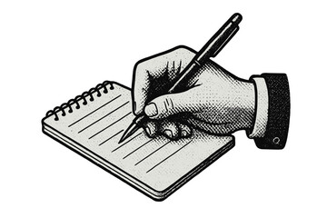 Vintage halftone hand holding pen writing on spiral notepad sheet, diary list, journal entry, planning, business finance concept, banking notes, business presentation vector illustration