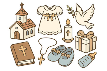 Hand-drawn christening symbols collection. Vector cartoon illustration of religious baby baptism elements. Set with church, dove, Bible, cross, candle, and gifts for invitation.