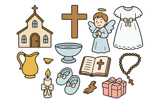 Christening vector icon set. Hand drawn baptism symbols. Religious cartoon collection for baby ceremony. Church, cross, angel, bible, rosary, dove, gown. Christian faith elements.