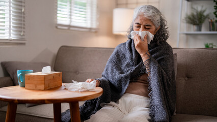 Older Asian woman sick home blowing nose into tissue suffering cold flu illness living room discomfort poor health
