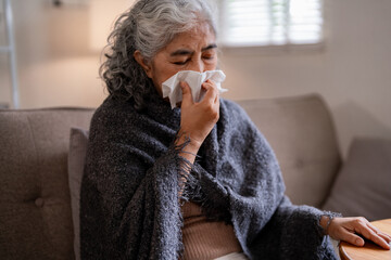 Older Asian Woman Blowing Nose Tissue Sofa Feeling Unwell Illness Symptoms Cold Flu Virus Home...