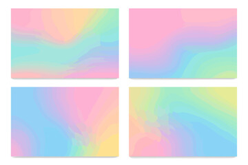 Naklejka premium Set of abstract pastel grainy gradient backgrounds. Soft rainbow holographic unicorn color mesh. Modern blurred noise texture backdrop. Iridescent pink, blue, yellow.