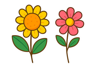 Cute cartoon flowers vector illustration. Cheerful sunflower and pink daisy in a simple flat design. Isolated vibrant botanical plant set. Nature floral graphic element.