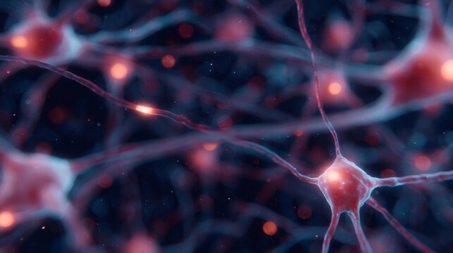 Abstract neural network cells with glowing signals. Future of brain science, artificial intelligence, and telemedicine concept. Bioengineering.