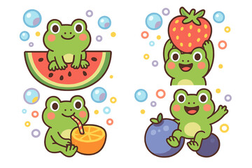 Cute frog character set with summer fruits. Cartoon kawaii green frogs with watermelon, strawberry, blueberry, orange juice. Vector illustration for kids. Playful animal sticker pack.