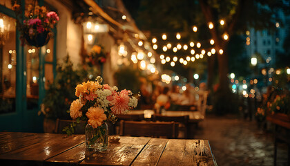 festive atmosphere restaurant or night market place with string lights and flower bouquet on table, Generative Ai